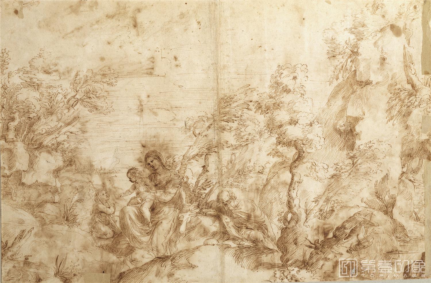 素描-西班牙普拉多美术馆素描藏画-Reni, Guido-Paisaje con descanso en la Huida a Egipto-1536